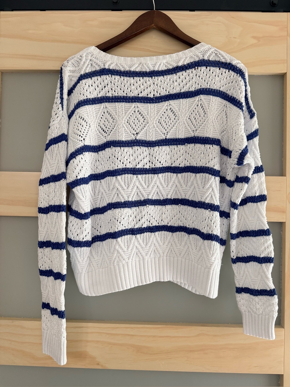 Lauren Ralph Lauren Open Knit Striped Sweater Women M White Blue Cotton Blend - Picture 4 of 6